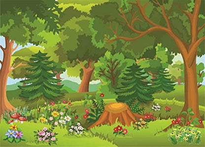 BELECO 7x5ft Fabric Cartoon Forest Backdrop Fairytale Forest with Flowers Mushroom Phtography Backdrop for Birthday Party Decoration Baby Shower Kids Game Photoshoot Photo Background Props L-0020 - size: 7x5FT