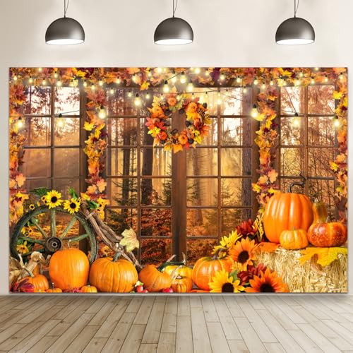 Fall Thanksgiving Backdrops Photography Fall Forest Window Photo Backdrop 10x8ft Autumn Pumpkin Maple Harvest Thanksgiving Theme Party Background Decoration Kids Baby Portrait Banner Props - color: NWH20236