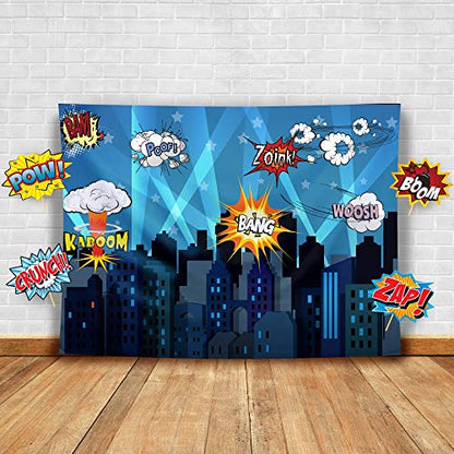 Superheroes Theme Party Photography Backdrop with Props. Super Hero Cityscape Photo Booth Background for Kids Party, Birthday Wall Decorations - size: 4*5.5 Feet