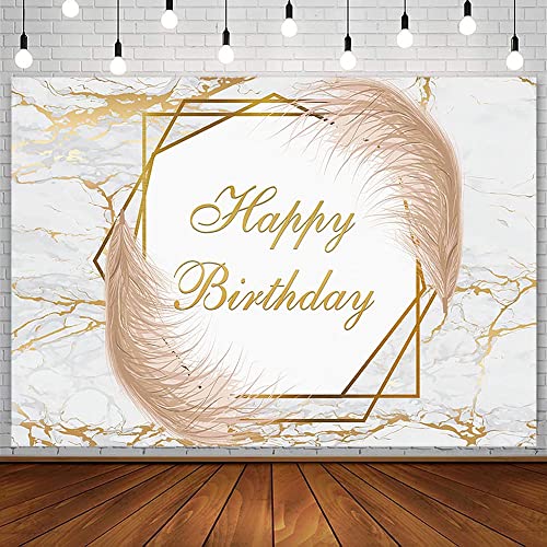 AIBIIN 7x5ft White and Gold Marble Birthday Backdrop Boho Fluid Happy Birthday Photography Background for Men Women 30th 40th 50th 60th 70th Bday Party Banner Decorations Photo Shoot Studio Props