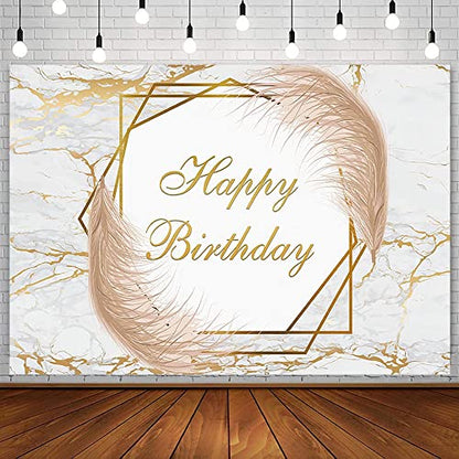 AIBIIN 7x5ft White and Gold Marble Birthday Backdrop Boho Fluid Happy Birthday Photography Background for Men Women 30th 40th 50th 60th 70th Bday Party Banner Decorations Photo Shoot Studio Props