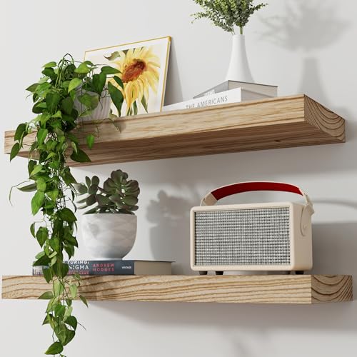 Axeman Floating Shelves, 2 Pack 8 Inch Deep Modern Solid Wood Wall Shelves for Storage, Wall Mounted Display Shelving with Invisible Heavy-Duty Metal Bracket, 24" W x 8" D x 1.6" H, Light Carbonized - color: Light Carbonized, size: 24" W, 2-Pack