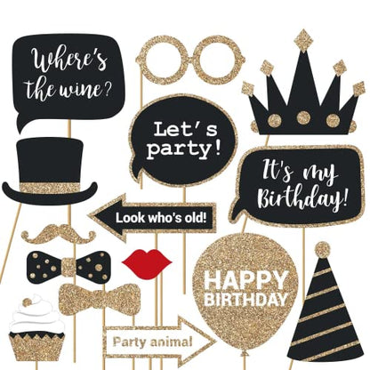 Fully Assembled Birthday Photo Booth Props. 30 Piece Box Set of Black & Gold Selfie Party Supplies and Decorations Kit with Real Glitter - Cute Bday Designs for Women - Did We Mention No DIY