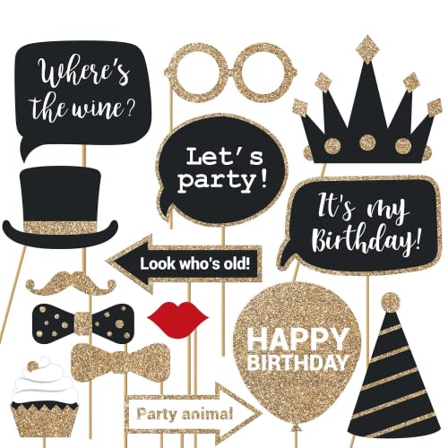 Fully Assembled Birthday Photo Booth Props. 30 Piece Box Set of Black & Gold Selfie Party Supplies and Decorations Kit with Real Glitter - Cute Bday Designs for Women - Did We Mention No DIY