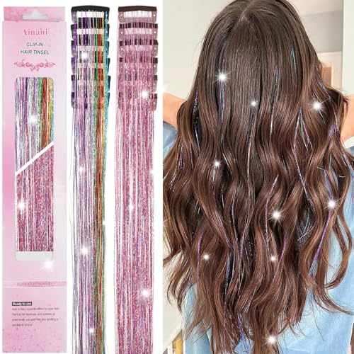Hair Tinsel Clip in 12 Pcs Glitter Tinsel Hair Extensions 20 Inch Fairy Hair Clip in Hair Tinsel Heat Resistant Sparkly Hair Accessories for Girls Women Kids (Pink 6Pcs &Colorful 6Pcs) - color: Pink 6Pcs + Colorful 6Pcs
