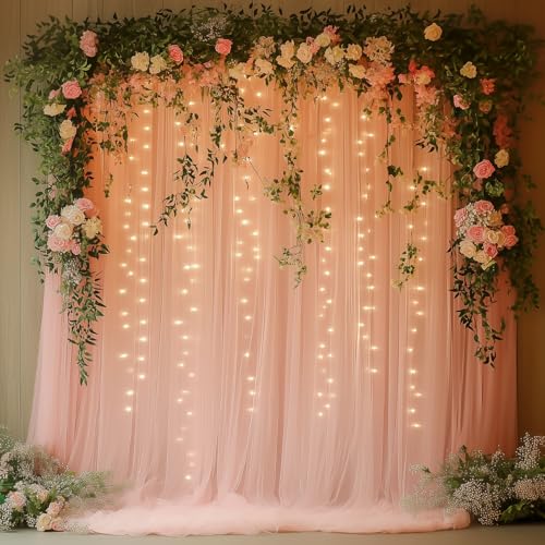 Pink Tulle Backdrop Curtain with Lights - 10x10ft Sheer Backdrop with 300 LEDs for Wedding, Baby Shower, Bridal Shower, Birthday Party Photo Shoot Background and Home Decorations - color: Pink, size: 10 x 10 Feet
