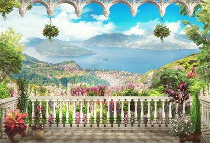 AOFOTO 7x5ft Garden Terrace Backdrop Pretty Scenery Photography Background Adult Girl Bride Lovers Artistic Portrait Seascape Romantic Wedding Retro Photo Shoot Studio Props Video Drop Wallpaper Drape - size: 7x5ft