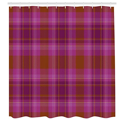 Ambesonne Plaid Shower Curtain, Retro Groovy Tartan Style Pattern in Nostalgic Plum Stripe Pattern, Cloth Fabric Bathroom Decor Set with Hooks, 69" W x 75" L, Burnt Orange and Hot Pink - color: Burnt Orange and Hot Pink, size: 69" W x 75" L