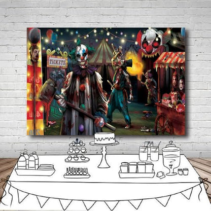 10x8 FT Halloween Evil Circus Clown Theme Backdrop Haunted House Horror Scary Evil Circus Clown Creepy Carnival Birthday Party Decorations Photography Background Banner Studio Props, Clear - size: 10x8 FT