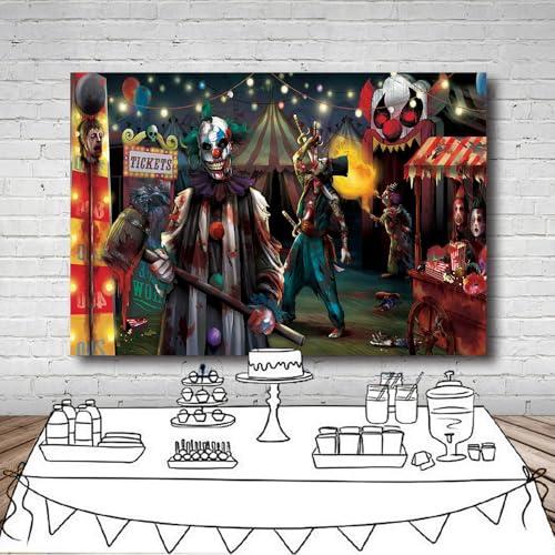 8x6 FT Halloween Evil Circus Clown Theme Backdrop Haunted House Horror Scary Evil Circus Clown Creepy Carnival Birthday Party Decorations Photography Background Banner Studio Props, Clear - size: 8x6 FT