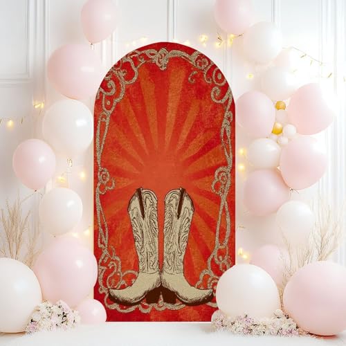Wedding Arch Backdrop Cover 7.2FT Cowboy Boots Red Grunge Elements decorationl Retro Spandex Fitted Arch Cover Round Top Stands Cover for Birthday Party Ceremony Banquet Decoration - color: Color2, size: 7.2x3.6 FT