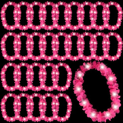 Sherr 24 Pcs LED Hot Pink Leis Light up Wedding Hawaiian Leis Flower Necklace with LED Lights Beach Tropical Carnival Party Wedding Supplies Luau for Masquerade - color: Hot Pink