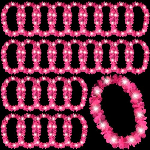 Sherr 24 Pcs LED Hot Pink Leis Light up Wedding Hawaiian Leis Flower Necklace with LED Lights Beach Tropical Carnival Party Wedding Supplies Luau for Masquerade - color: Hot Pink