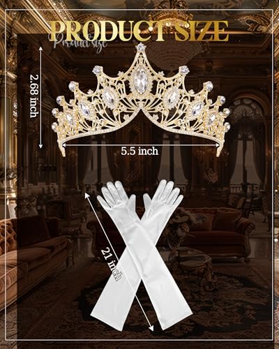 Princess Tiara Crown with Satin Gloves Set Crystal Headpiece for Graduation Prom and Party Photo Props - color: Gold, style: B