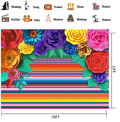 Mexican Theme Party Striped Backdrop Fiesta Cinco De Mayo Paper Flowers Background Party Decoration for Cake Table Decor Photo Booth 10X8FT 071 - size: 10′x8′