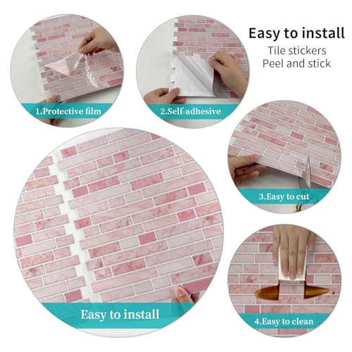 VICCI 12-Sheet Peel & Stick Tile Backsplash 12" x 12", Stick-On Wall Tiles for Kitchen, Bathroom & Laundry Room (Pink Marble Style) - color: Spt-106, size: 12 x 12 inch (Marble style)