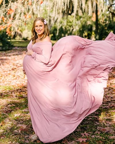 Saslax Maternity Off Shoulders Half Circle Gown for Baby Shower Photo Props Dress - color: Mauve 64, size: Small