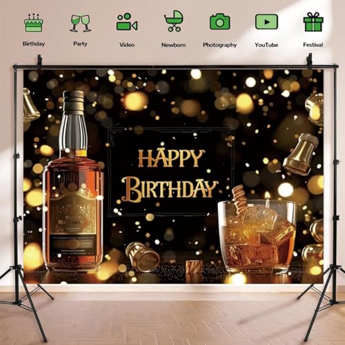 Whiskey Happy Birthday Backdrop Black Gold Glitter Bokeh Background Aged to Perfection Whiskey Birthday Party Decorations Men Supplies Vinyl Photo Booth Prop Cheer Table Decor Banner-8 * 6ft