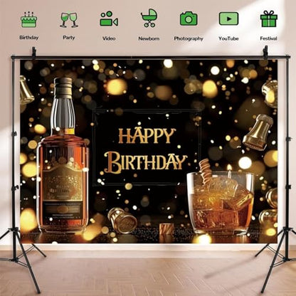 Whiskey Happy Birthday Backdrop Black Gold Glitter Bokeh Background Aged to Perfection Whiskey Birthday Party Decorations Men Supplies Vinyl Photo Booth Prop Cheer Table Decor Banner-8 * 6ft