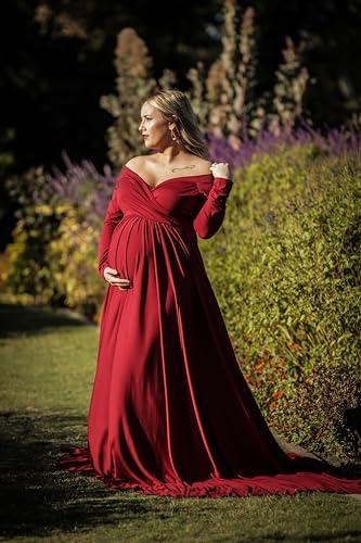 Saslax Maternity Off Shoulders Half Circle Gown for Baby Shower Photo Props Dress - color: 1#-burgundy 162, size: XX-Large