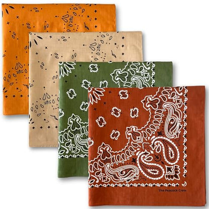 The Peacock Crew Premium Soft Cotton Bandanas Pack for Men and Women Paisley 22 x 22 inches - color: Pack of 4 Earthy Essentials