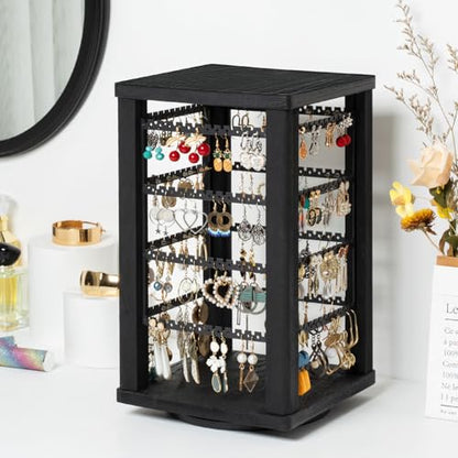 Emfogo 360 Earring Holder Organizer, Rustic Wood Earring Stand, Rotating Wooden Display, 4 Tiers Earring Organizer Stand for Stud Earrings, Hoop Earrings & Necklaces, Women Gifts - color: Black