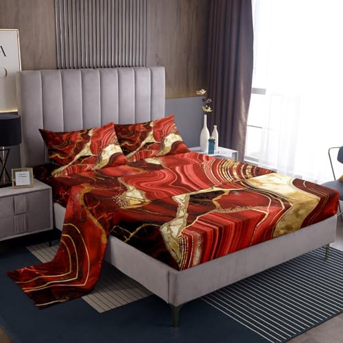 Erosebridal Red Gold Marble Bed Sheets Set King, Marbling Crack Print Sheet Set for Girls, Abstract Metallic Texture Sheets, Luxury Shinny Room Decor Boho Hippie Fluid Flat Fitted Sheet - color: Multi 04, size: King