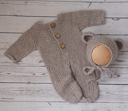 Newborn Photography Props Boys Girls Outfits Mohair Bear Hat Bonnet & Footed Romper Bodysuit Photoshoot Costume Set - color: Gray