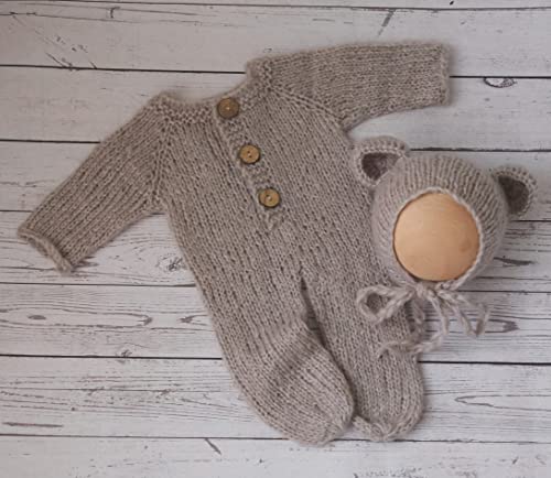 Newborn Photography Props Boys Girls Outfits Mohair Bear Hat Bonnet & Footed Romper Bodysuit Photoshoot Costume Set - color: Gray