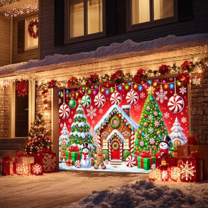 HOMETITUTE Christmas Garage Door Banner Gingerbread House 13x6ft Festive Backdrop Candy Canes Snowmen Photo Prop Background for Sweet Holiday Outdoor Display Festive Party Supplies