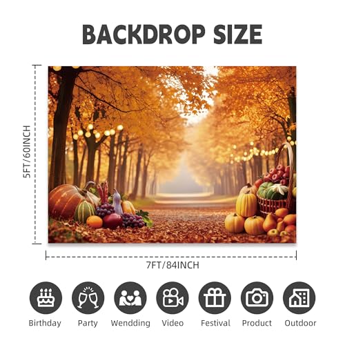 Fall Photography Backdrop 7x5ft, Autumn Maple Leaves Photo Background, Pumpkins Background for Thanksgiving Party, Farm Harvest Photo Booth Props - color: Autumn Backdrop-3, size: 7×5ft