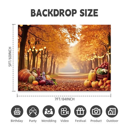 Fall Photography Backdrop 7x5ft, Autumn Maple Leaves Photo Background, Pumpkins Background for Thanksgiving Party, Farm Harvest Photo Booth Props - color: Autumn Backdrop-3, size: 7×5ft