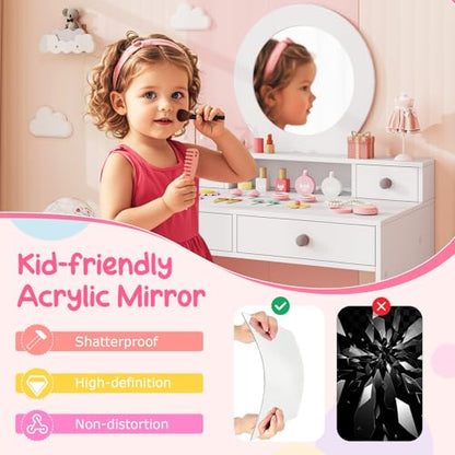 Costzon Kids Vanity, Princess Makeup Dressing Desk with Mirror and Stool, 4 Storage Drawers, Pretend Play Vanity Table and Chair Set for Little Girls (White) - style: White with Round Mirror
