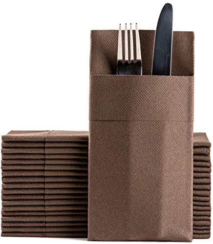 Moyes Home Brown Disposable Dinner Napkins with Pocket - Linen-Feel Pre-Folded Cloth-Like Paper Napkins for Silverware, Weddings, Dinner Parties, 16x16 in, Pack of 50 - color: Brown
