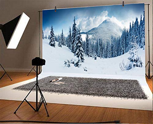 Laeacco Christmas New Year Theme Backdrop 7x5ft Vinyl Snowy Pine Forest Frosty Trees Remote Foggy Snow Mountains Blue Sky White Clouds Snowy Slope Background Xmas Eve Party Banner Child Baby Shoot - size: 7x5ft