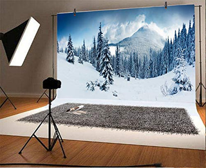 Laeacco Christmas New Year Theme Backdrop 7x5ft Vinyl Snowy Pine Forest Frosty Trees Remote Foggy Snow Mountains Blue Sky White Clouds Snowy Slope Background Xmas Eve Party Banner Child Baby Shoot - size: 7x5ft