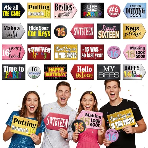 Beeveer 24 Design 16th Arrow Photo Booth Props 16th Birthday Party Decorations PVC Photo Booth Sign Double Sided for Birthday Party Supplies, Decorations and Favors - style: Birthday