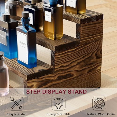 ZUJJAFY Cologne Organizer for Men, 4 Tier Wooden Cologne Stand Mens Fragrance Shelf, Tiered Wood Risers Display Stands for Perfume, Cupcake, Figures, Dessert - color: Carbonized