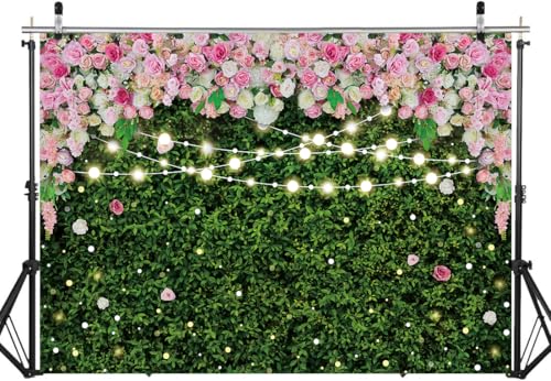 7x5FT Flower Wall Backdrop Pink Rose Green Leaves Glitter Background Girls Women Birthday Party Wedding Bridal Shower Parties Portraits Photo Studio Shoot