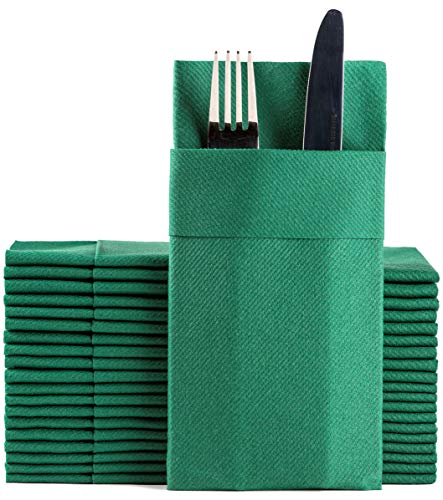 Moyes Home Green Disposable Dinner Napkins with Pocket - Linen-Feel Pre-Folded Cloth-Like Paper Napkins for Silverware, Weddings, Dinner Parties, 16x16 in, Pack of 50 - color: Green