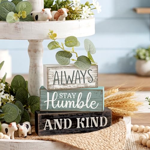 Lineshading 4 Pcs Inspirational Farmhouse Table Decor Always Stay Humble and Kind Stacked Wooden Block Signs with Inspirational Quote Eucalyptus Leaves for Home, Living Room, Shelf Housewarming Gift - style: Always Stay Humble and Kind