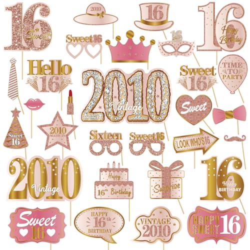 Kuxriox 30Pcs 16th Birthday Photo Booth Props for Girls Women, Pink Rose Gold Vintage 2010 16 Birthday Selfie Props Kit with Sticks Party Supplies Favors, Sixteen Bday Photo Props Decor