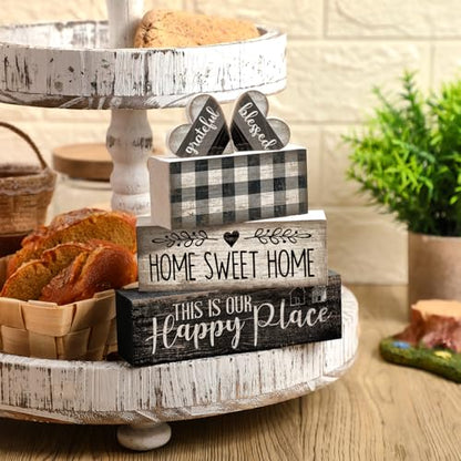 Moucuny 4 Pcs Farmhouse Kitchen Decor Black and White Farmhouse Tiered Tray Decor Home Sweet Home Centerpiece Wooden Heart Rustic Valentines Day Block Sign for Kitchen Shelf Valentines Gift Decoration - style: Black and White Heart