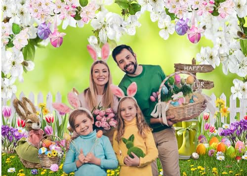 10x8FT Easter Photo Backdrop Spring Flowers Grass Backdrop Colored Egg Rabbit Backdrop for Easter Party Decoration Baby Shower D854 - size: 10x8ft