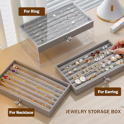 SPAKOWN Ring Box Display Holder, Clear Velvet Jewelry Storage Tray Organizer for Ring Stud Earring (Grey - 3 Drawers) - color: Grey, size: 3 Drawers