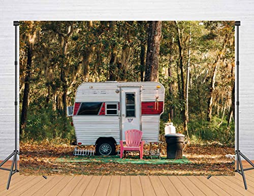 Camp Party Camping Backdrop, 5x3ft Sunny Forest Camper Trailer Nature Scenery Photography Background, Studio Photo Prop RBJYYLU23 - size: polyester microfiber fabric-5x3ft