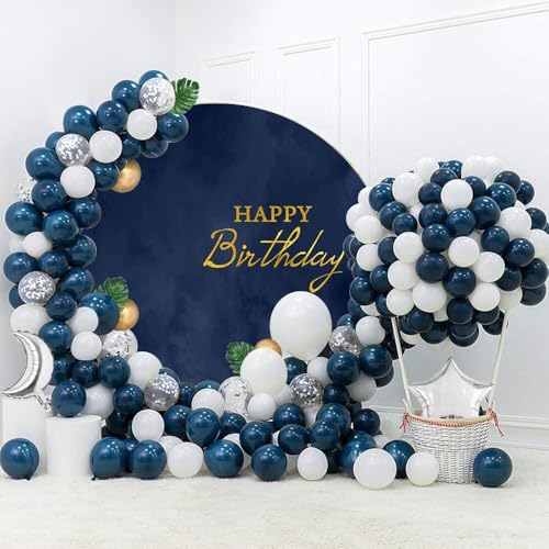 Navy Blue Happy Birthday Round Backdrop Cover Dark Blue Marble Texture Birthday Photography Backdrop Circular Background Cover for Adult Boys Men Bday Party Decoration Arch Photo Props 6.5ft - size: 6.5ft-Diameter