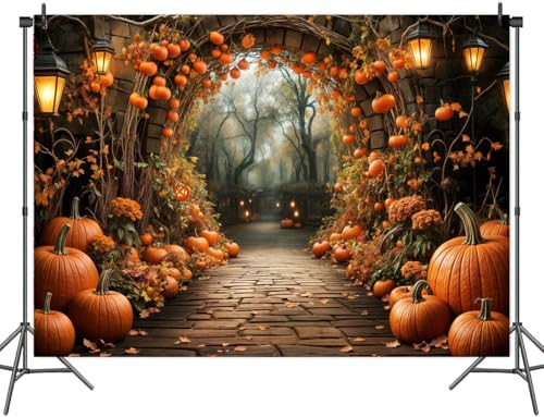 7 x 5 ft Autumn Backdrops Fall Stone Arch Leaves Pumpkin Leaf Path Scenery Photography Background Thanksgiving Yellow Flowers Seasonal Party Photo Studio Props - color: Yellow, size: 7x5ft
