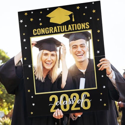 Vicenpal Large Graduation Photo Booth Prop PVC Frame for Photoshoot Class of 2026 Decoration Congrats Grad Party 32 x 24 Inch Black and Gold Hollow Board Suitable for Graduation Party Supply Gifts