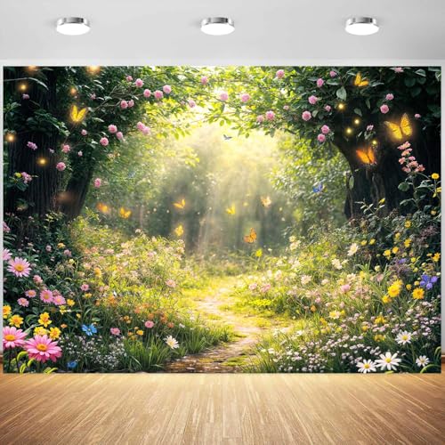 6 x 4 ft Enchanted Forest Photography Backdrop Fairy Tale Garden Background Floral Flower Butterfly Kids Girl Baby Shower Magic Wonderland Party Banner Decoration Spring Photo Booth Props - color: Green02, size: 6x4ft